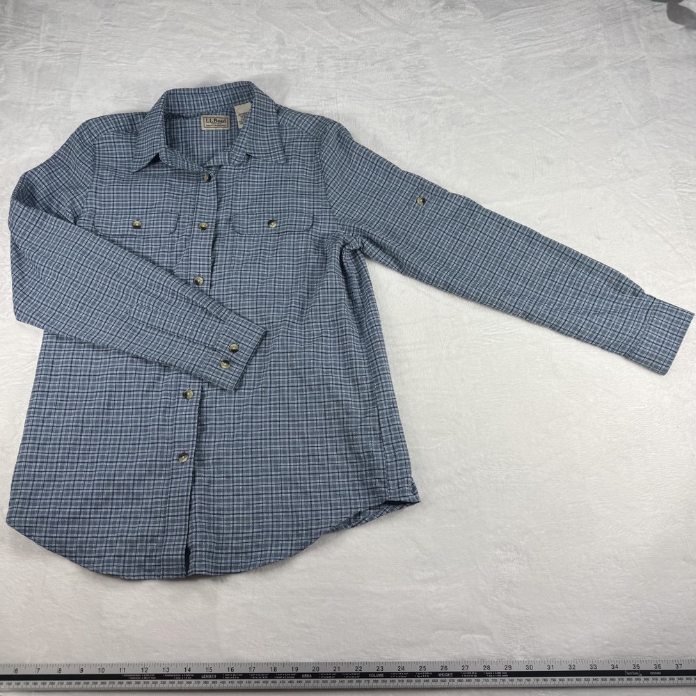 L.L.Bean Women's Blue Plaid Button-Up Long Sleeve Shirt AU70 Pockets Polyester S